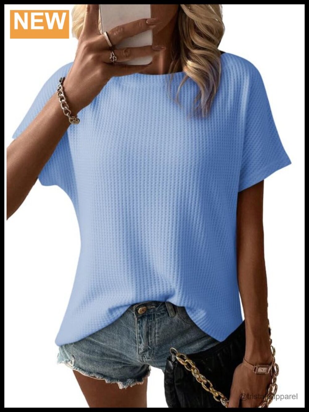Waffle Knit Tunic Top Boat Neck Short Sleeve Loose Fit